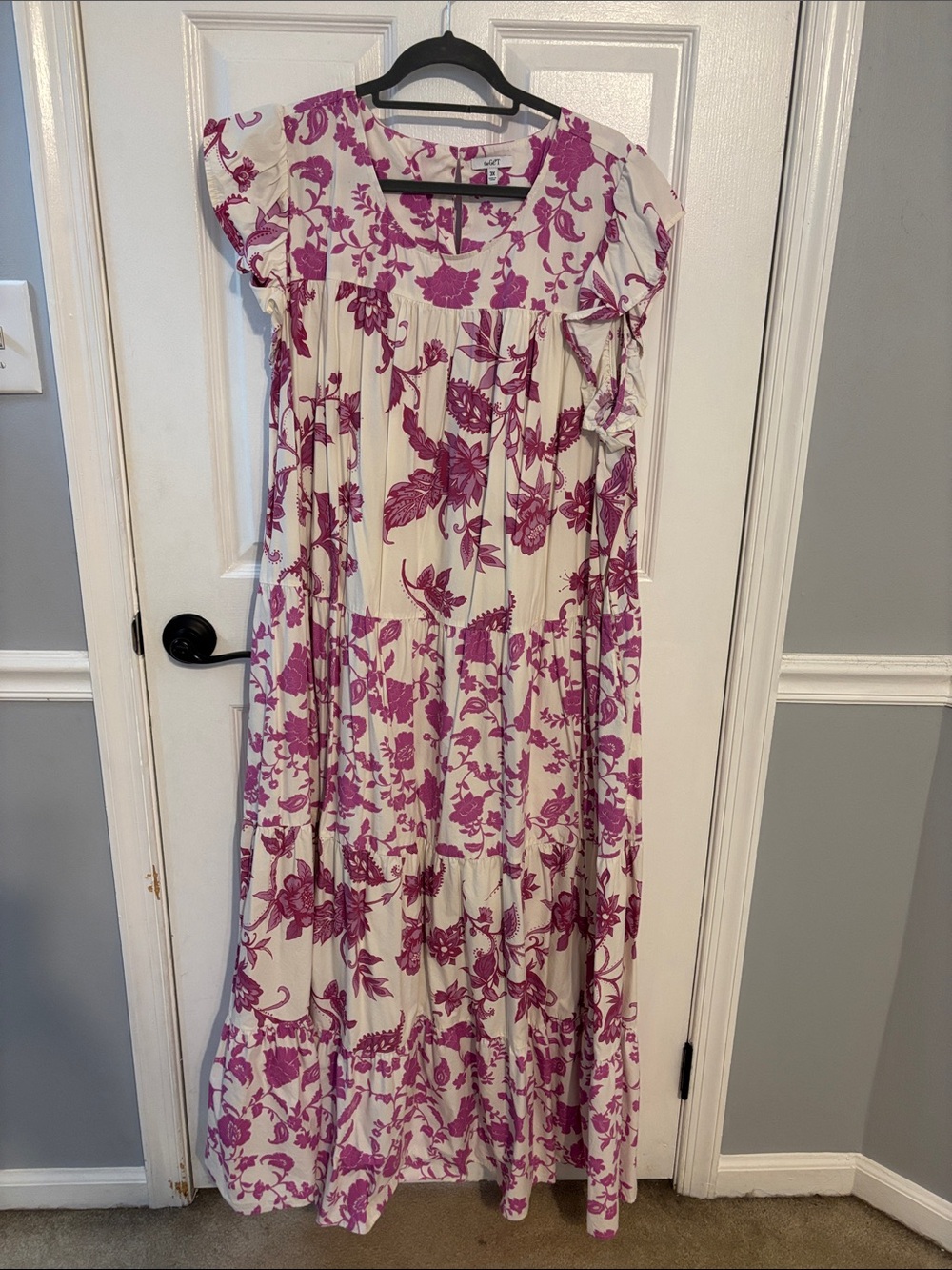 Women's Cream Maxi Dress with Pink/Purple Floral Print (A26)